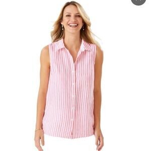 Lands' End Pink and White Striped Women's No Iron Sleeveless Shirt Large